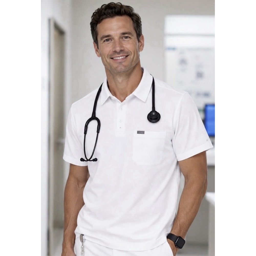 Figs Pro Technical Pique Scrub Polo Men's Small White Medical Nursing